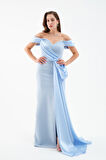 Kadın Bebe Mavi Kayık Yaka Kuyruklu Uzun Abiye Elbise