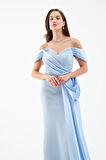 Kadın Bebe Mavi Kayık Yaka Kuyruklu Uzun Abiye Elbise