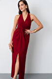 Kadın Bordo Halter Yaka Düğüm Detaylı Uzun Elbise