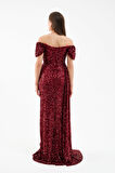 Kadın Bordo Pul Payet İşlemeli Uzun Abiye Elbise