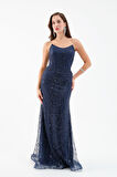 Kadın Lacivert Straplez Boncuklu Uzun Balık Abiye Elbise