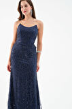 Kadın Lacivert Straplez Boncuklu Uzun Balık Abiye Elbise