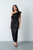 Kadın Siyah Degaje Yaka Saten Elbise
