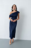 Kadın Lacivert Degaje Yaka Saten Elbise