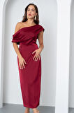 Kadın Bordo Degaje Yaka Saten Elbise