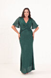 Kadın Zümrüt Yeşili V Yaka Kısa Kol Boncuk İşlemeli Büyük Beden Abiye Elbise