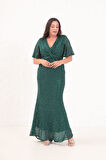 Kadın Zümrüt Yeşili V Yaka Kısa Kol Boncuk İşlemeli Büyük Beden Abiye Elbise
