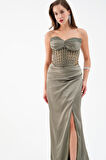 Kadın Haki Straplez Boncuklu Uzun Saten Abiye Elbise