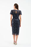 Kadın Lacivert Boncuklu Midi Abiye Elbise