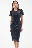 Kadın Lacivert Boncuklu Midi Abiye Elbise