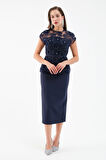Kadın Lacivert Dantelli Midi Abiye Elbise