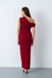 Kadın Bordo Omuz Dekolteli Midi Davet Elbisesi