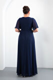 Kadın Lacivert V Yaka Taşlı Büyük Beden Uzun Şifon Abiye Elbise