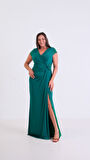 Kadın Zümrüt Yeşili Kruvaze Yaka Boncuklu Büyük Beden Uzun Abiye Elbise