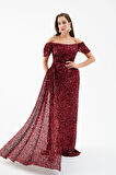 Kadın Bordo Pul Payet İşlemeli Uzun Abiye Elbise