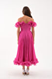 Kadın Fuşya Yaka Detay Midi Abiye Elbise