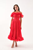 Kadın Kırmızı Yaka Detay Midi Abiye Elbise