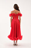 Kadın Kırmızı Yaka Detay Midi Abiye Elbise