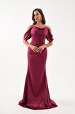 Kadın Bordo Kayık Yaka Boncuklu Uzun Saten Abiye Elbise