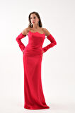 Kadın Kırmızı Kol Detay Uzun Saten Balık Abiye Elbise