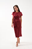 Kadın Bordo Yırtmaçlı Midi Saten Elbise