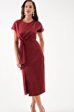 Kadın Bordo Yırtmaçlı Midi Saten Elbise