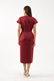 Kadın Bordo Yırtmaçlı Midi Saten Elbise