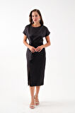 Kadın Siyah Yırtmaçlı Midi Saten Elbise