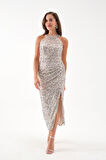 Kadın Bej Halter Yaka Payetli Abiye Elbise