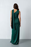 Kadın Zümrüt Yeşili Fular Yaka Yırtmaçlı Uzun Saten Abiye Elbise