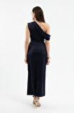 Kadın Lacivert Degaje Yaka Yırtmaçlı Saten Midi Elbise
