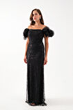 Kadın Siyah Kol Detay Boncuklu Uzun Abiye Elbise