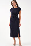 Kadın Lacivert Bisiklet Yaka Aksesuar Detay Midi Elbise