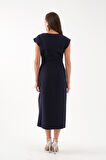 Kadın Lacivert Bisiklet Yaka Aksesuar Detay Midi Elbise