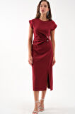 Kadın Bordo Bisiklet Yaka Aksesuar Detay Midi Elbise