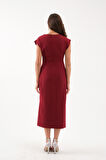 Kadın Bordo Bisiklet Yaka Aksesuar Detay Midi Elbise