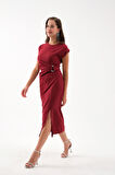 Kadın Bordo Bisiklet Yaka Aksesuar Detay Midi Elbise