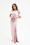 Kadın Pudra Yaka Detaylı Yırtmaçlı Uzun Abiye Elbise