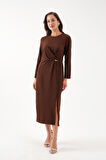 Kadın Kahverengi İnci Detay Midi Davet Elbisesi