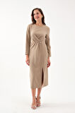 Kadın Camel İnci Detay Midi Davet Elbisesi