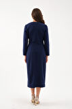 Kadın Lacivert İnci Detay Midi Davet Elbisesi