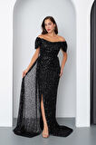Kadın Siyah Pul Payet İşlemeli Uzun Abiye Elbise