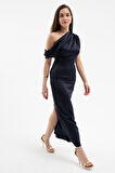 Kadın Lacivert Degaje Yaka Yırtmaçlı Saten Midi Elbise