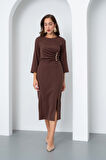 Kadın Kahverengi Düğme Detay Midi Davet Elbisesi