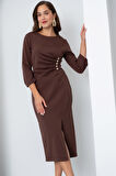 Kadın Kahverengi Düğme Detay Midi Davet Elbisesi