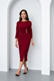 Kadın Bordo Düğme Detay Midi Davet Elbisesi