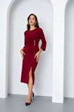 Kadın Bordo Düğme Detay Midi Davet Elbisesi