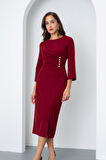 Kadın Bordo Düğme Detay Midi Davet Elbisesi