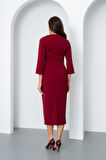 Kadın Bordo Düğme Detay Midi Davet Elbisesi