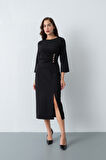 Kadın Siyah Düğme Detay Midi Davet Elbisesi